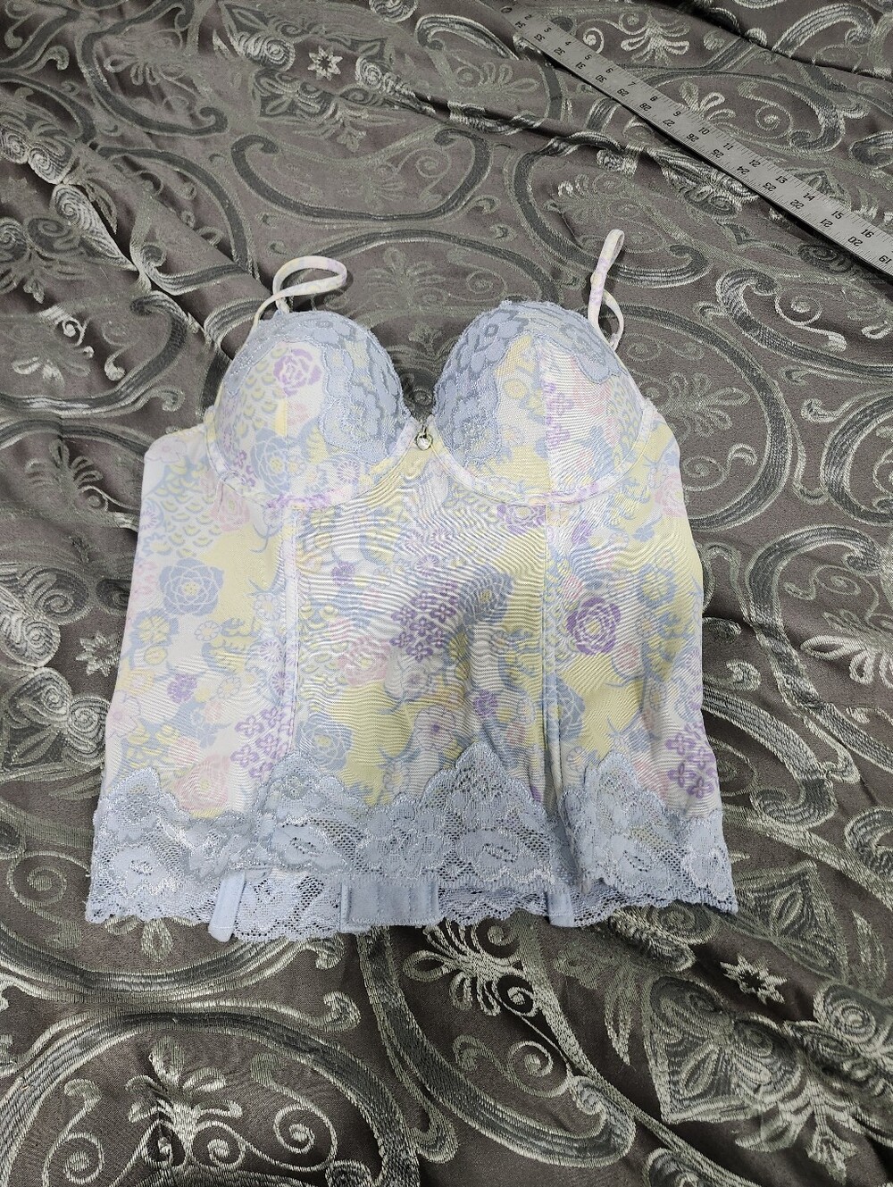 Y2k Ladies Bed Of Roses Lace-Trim Floral Bustier Pastel Yellow Lavender Blue 34b
